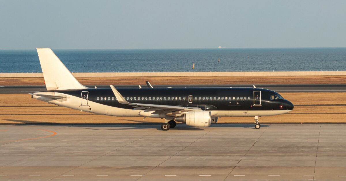 海を背景に滑走路を走行する黒色のジェット旅客機